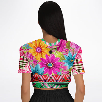 Cool Pink Jubilee Red Plaid Eco-Poly Short Sleeve Cropped Pullover