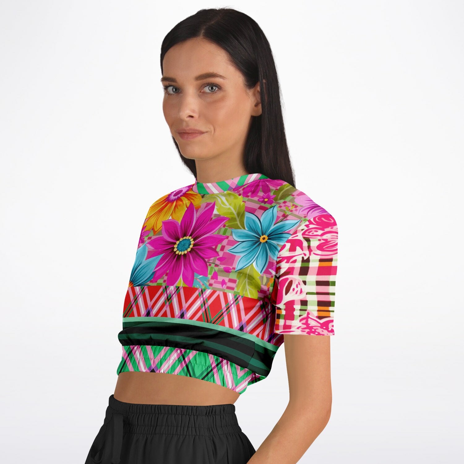 Cool Pink Jubilee Red Plaid Eco-Poly Short Sleeve Cropped Pullover