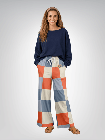 Coral Reef Colorblock Check Eco-Poly Wide Leg Pants