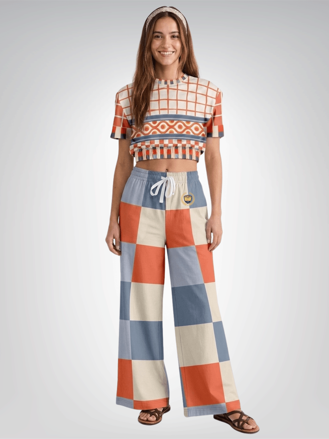 Coral Reef Colorblock Check Eco-Poly Wide Leg Pants