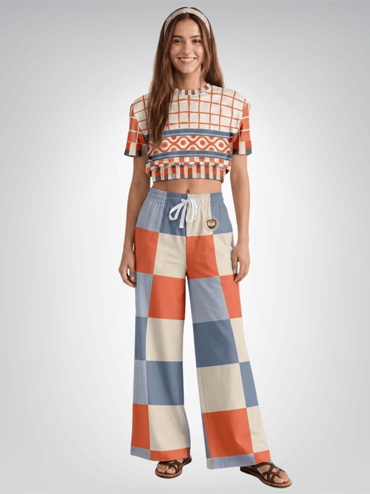 Coral Reef Colorblock Check Eco-Poly Wide Leg Pants