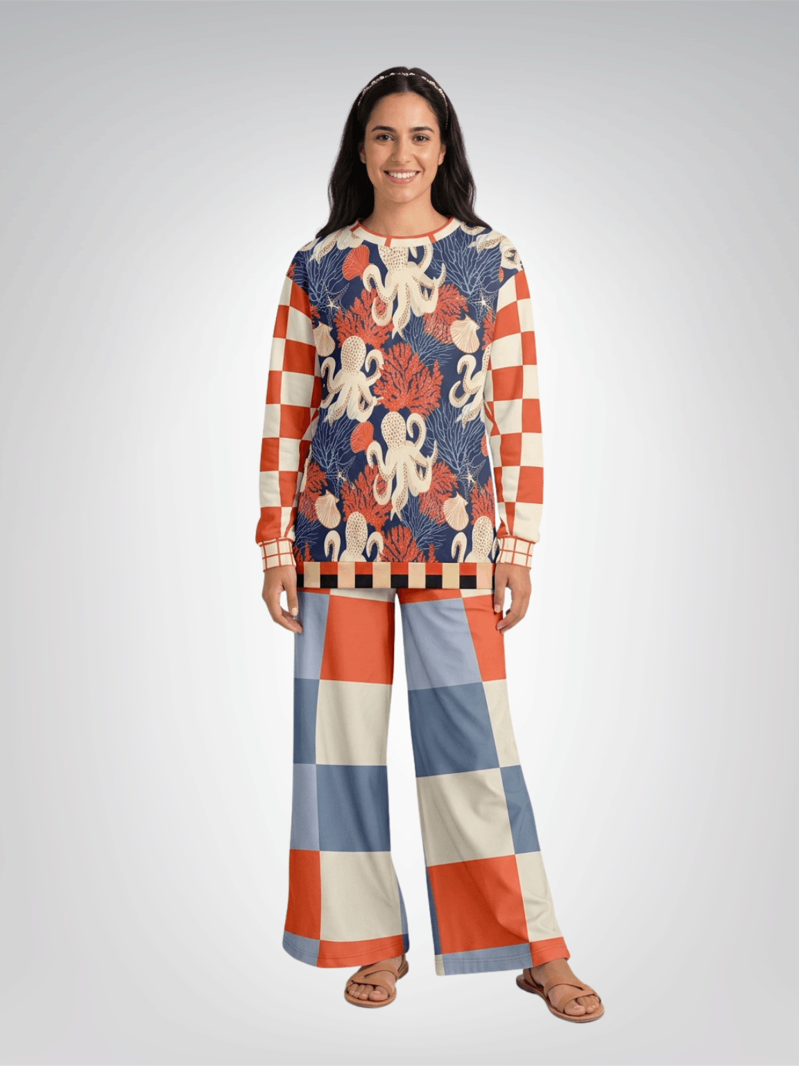 Coral Reef Colorblock Check Eco-Poly Wide Leg Pants