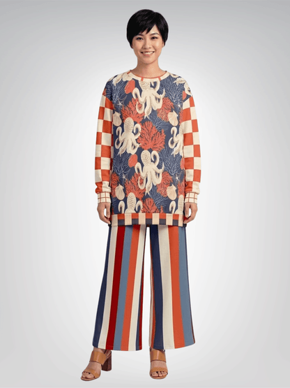 Coral Reef Coastal Stripe Eco-Poly Wide Leg Pants