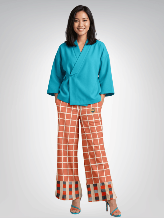 Coral Reef Windowpane Plaid Eco-Poly Wide Leg Pants