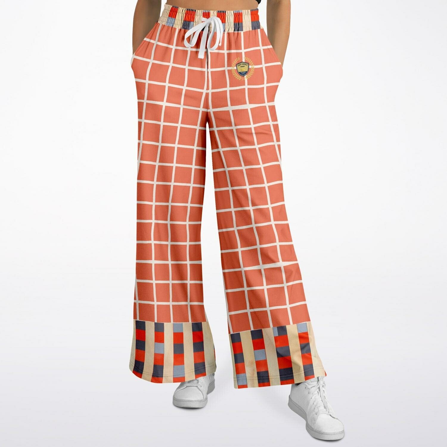 Coral Reef Windowpane Plaid Eco-Poly Wide Leg Pants