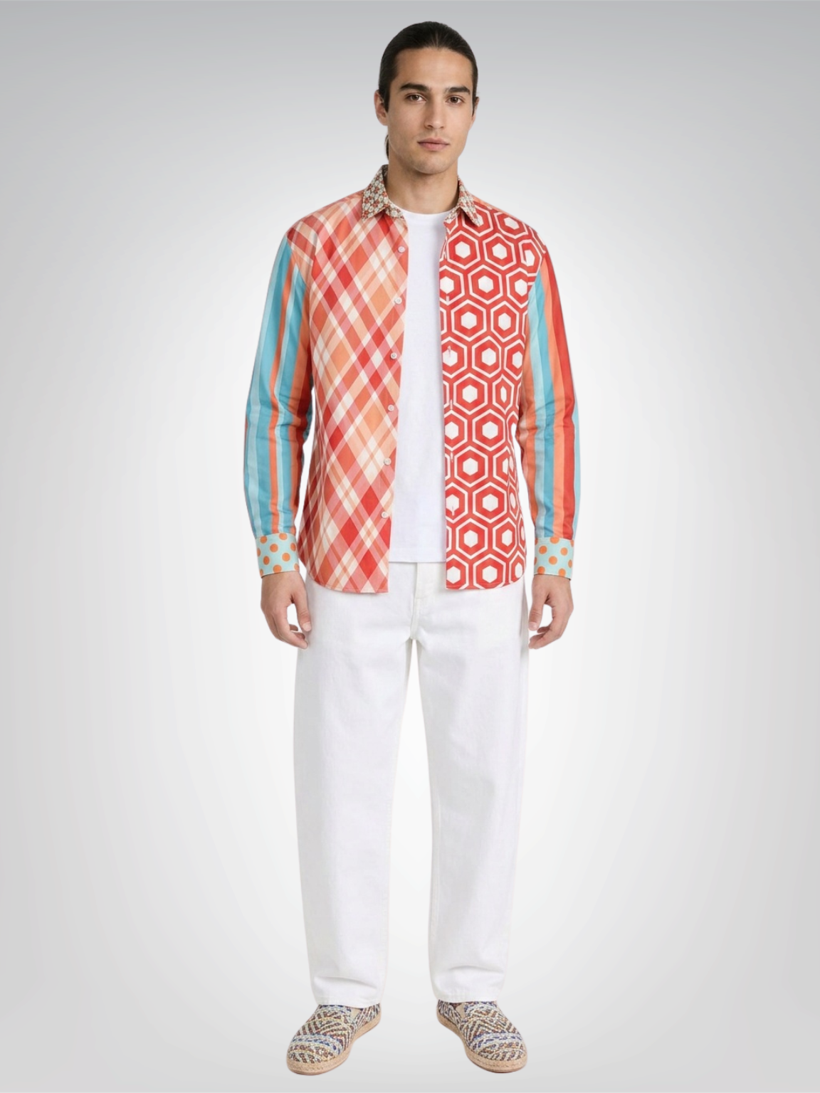 Coral Springs Retro Plaid Geo Patchwork Long Sleeve Button Down Shirt