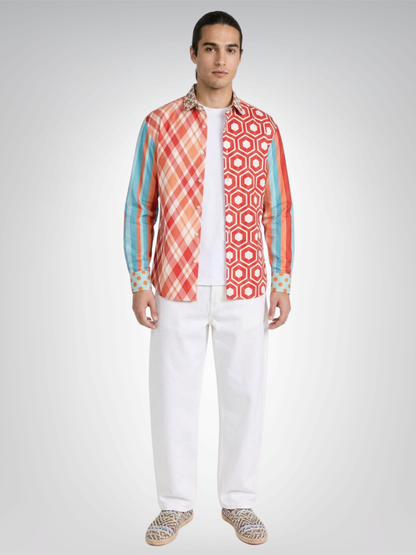 Coral Springs Retro Plaid Geo Patchwork Long Sleeve Button Down Shirt
