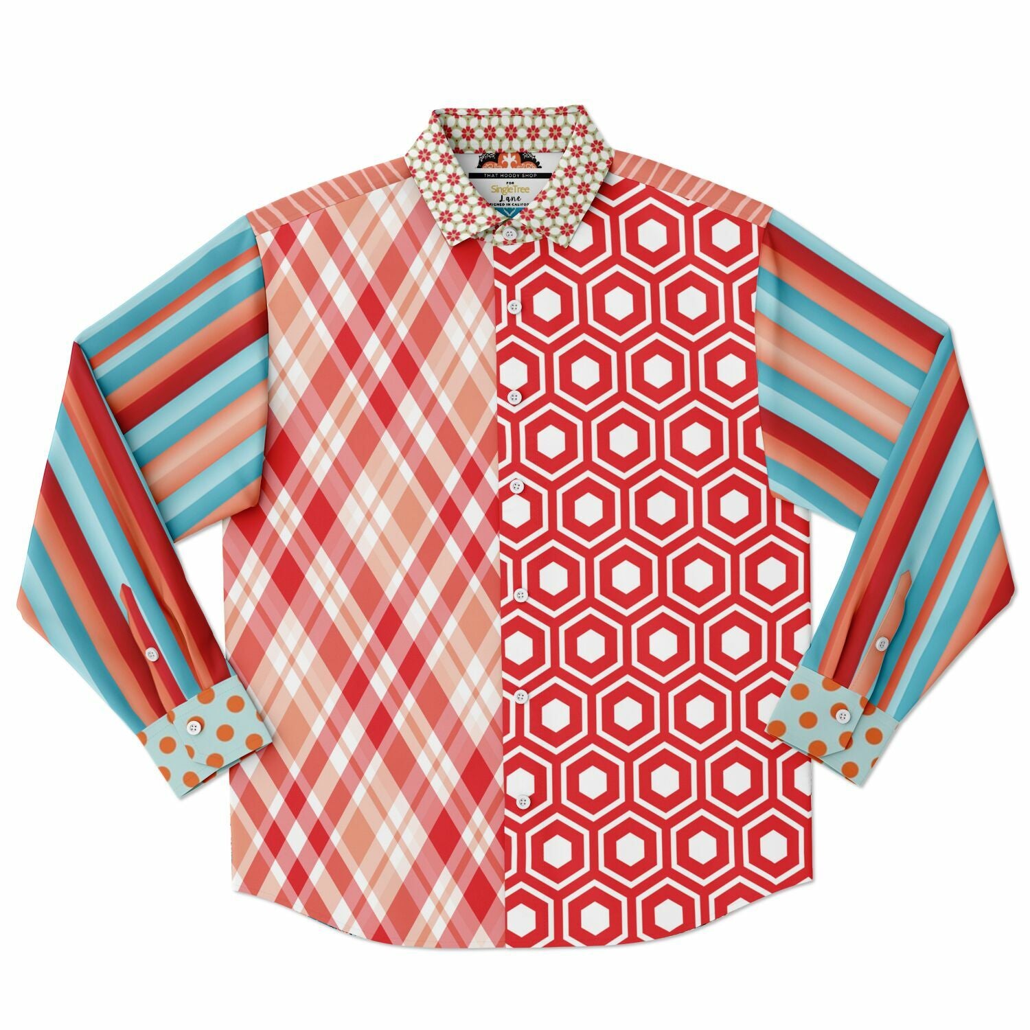 Coral Springs Retro Plaid Geo Patchwork Long Sleeve Button Down Shirt