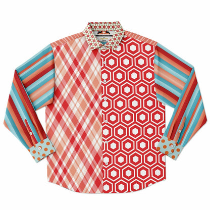 Coral Springs Retro Plaid Geo Patchwork Long Sleeve Button Down Shirt