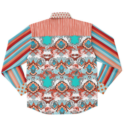 Coral Springs Retro Plaid Geo Patchwork Long Sleeve Button Down Shirt