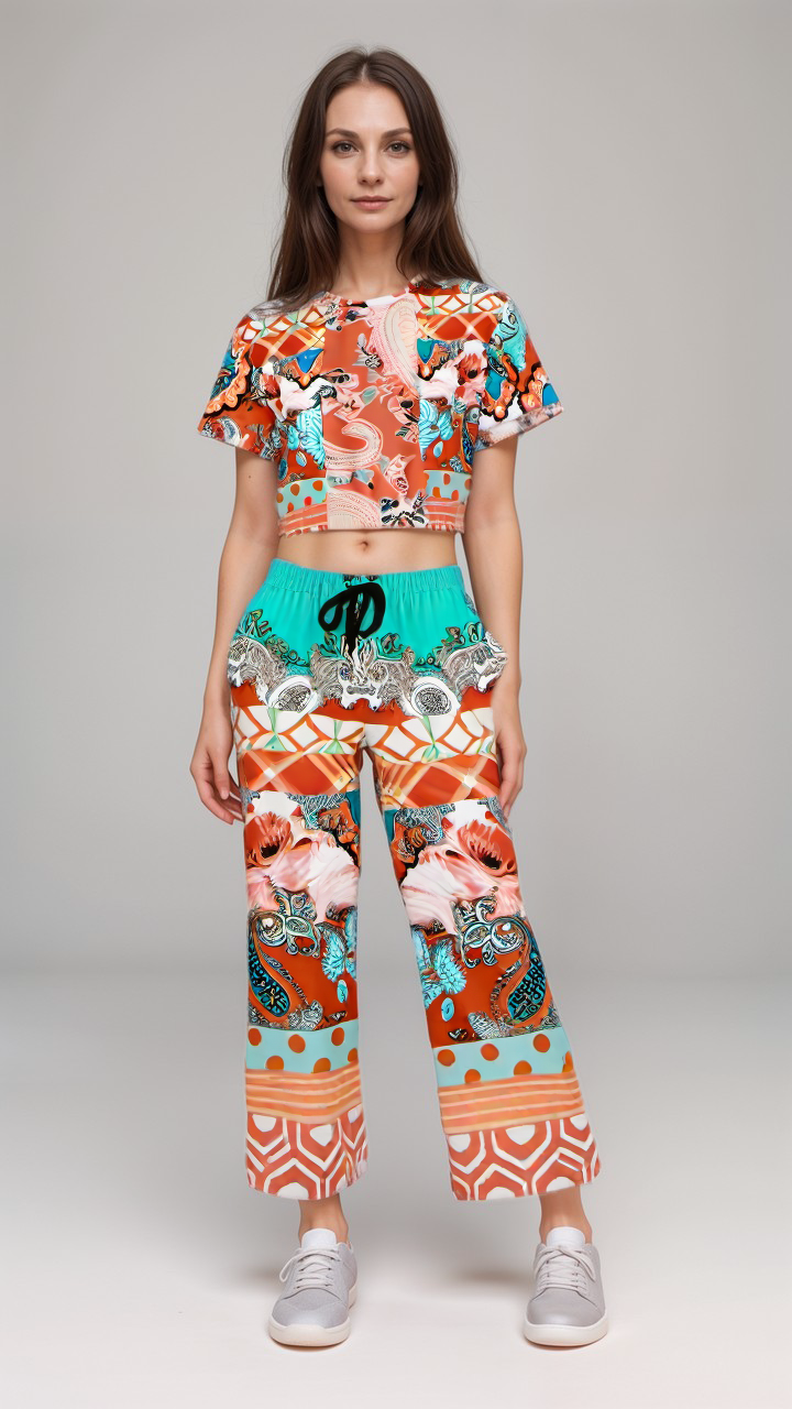 Coral Springs Hippie Patchwork Eco-Poly Short Sleeve Cropped Pullover