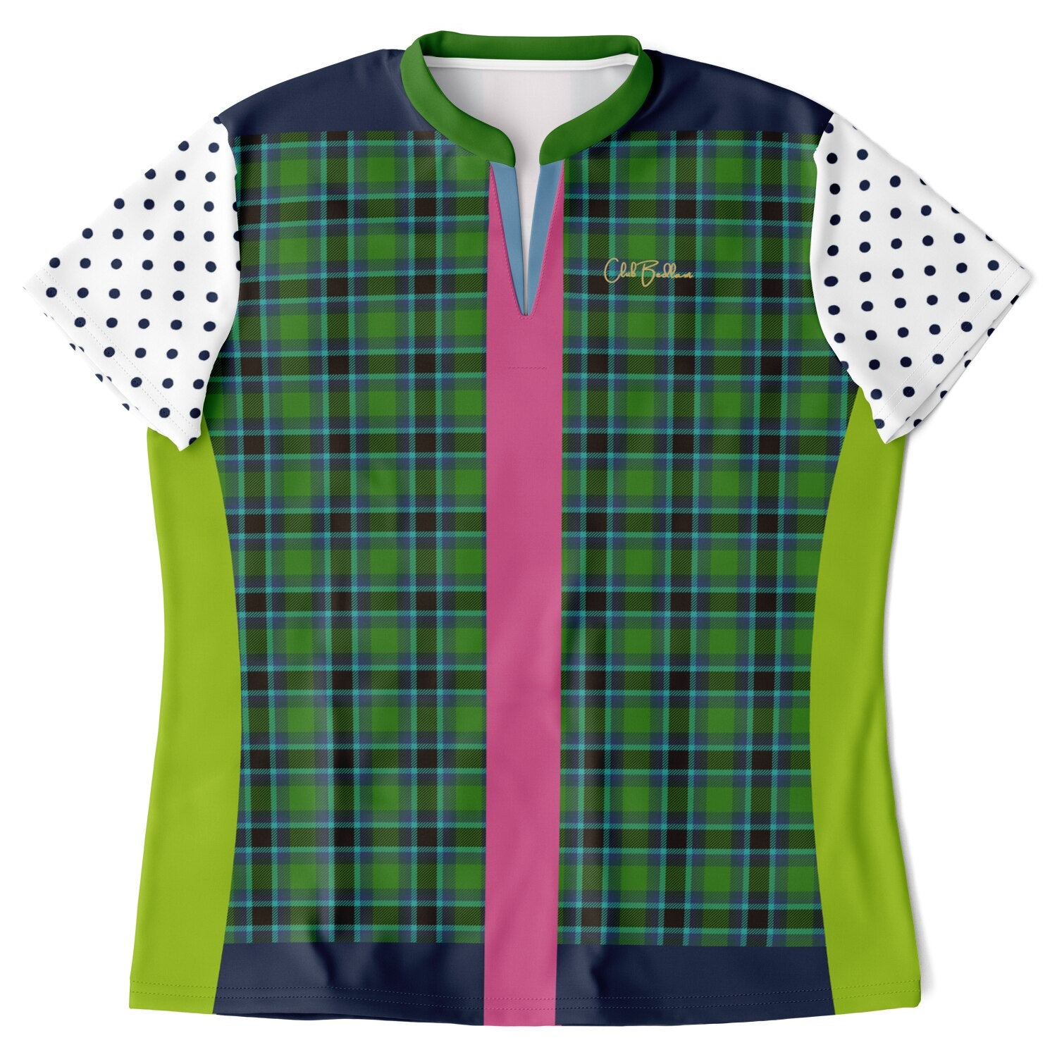 Criss Cross Golf in Green Tartan Plaid Mandarin Collar Ladies Golf Polo Jersey