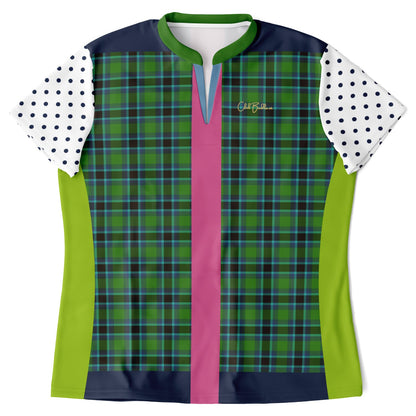 Criss Cross Golf in Green Tartan Plaid Mandarin Collar Ladies Golf Polo Jersey