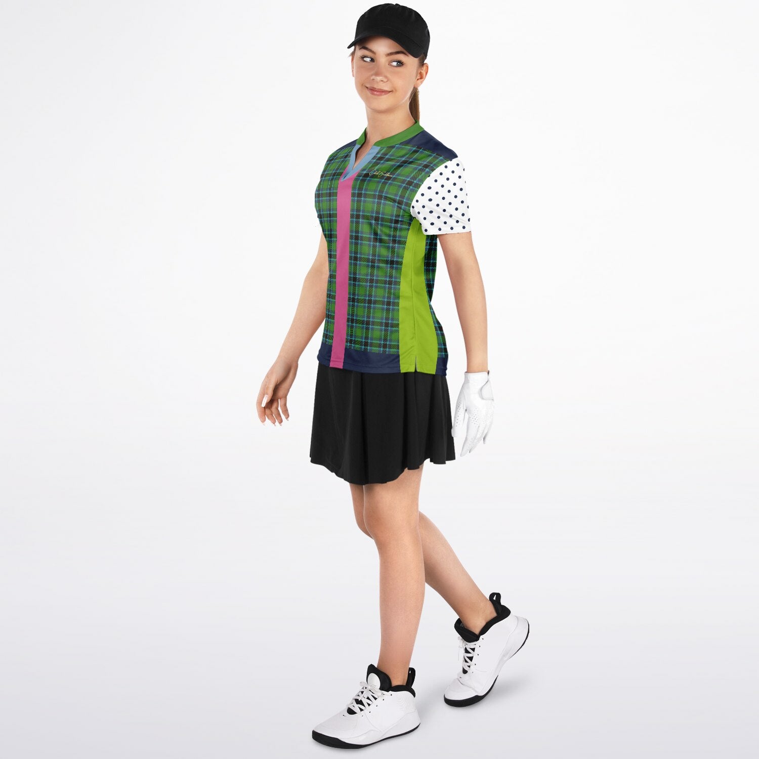 Criss Cross Golf in Green Tartan Plaid Mandarin Collar Ladies Golf Polo Jersey