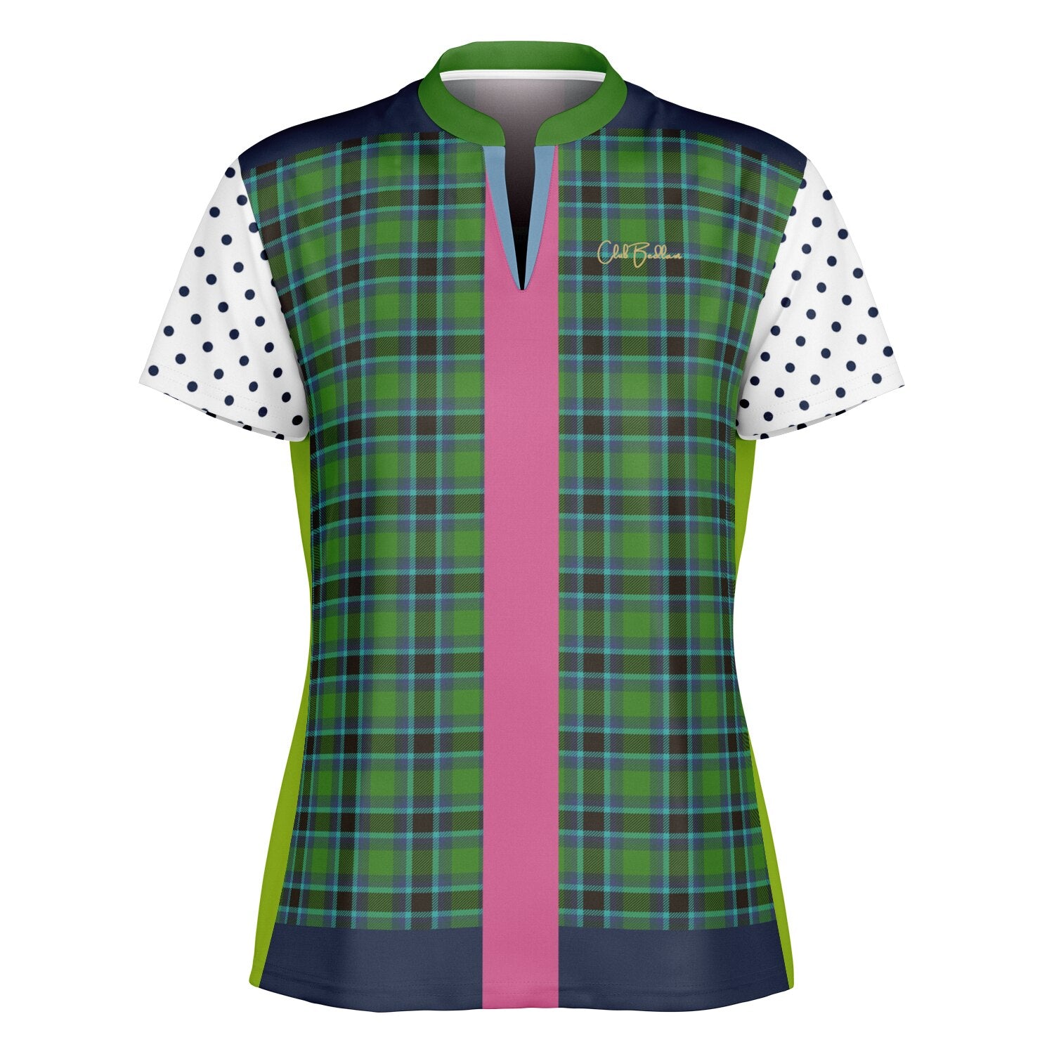 Criss Cross Golf in Green Tartan Plaid Mandarin Collar Ladies Golf Polo Jersey