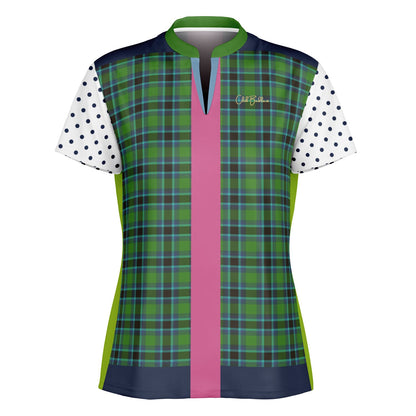 Criss Cross Golf in Green Tartan Plaid Mandarin Collar Ladies Golf Polo Jersey