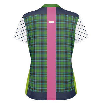 Criss Cross Golf in Green Tartan Plaid Mandarin Collar Ladies Golf Polo Jersey