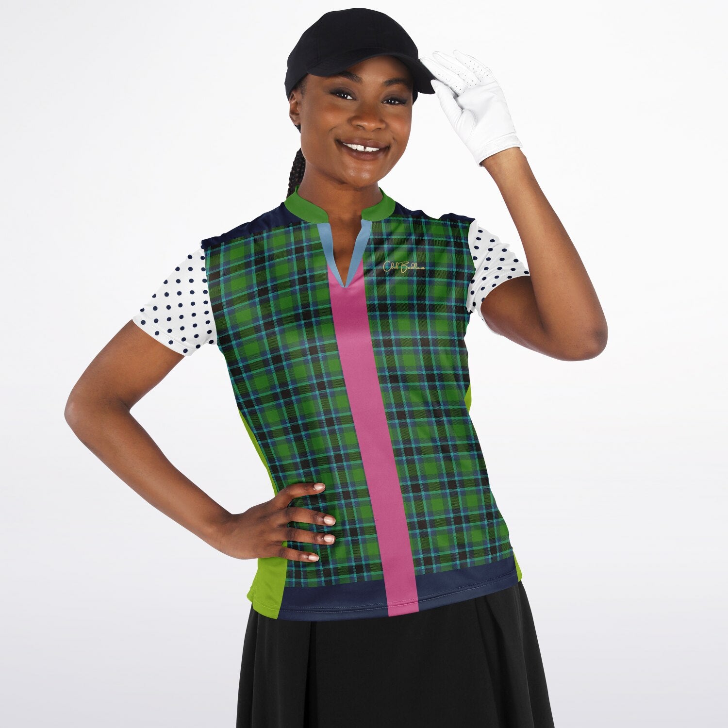 Criss Cross Golf in Green Tartan Plaid Mandarin Collar Ladies Golf Polo Jersey