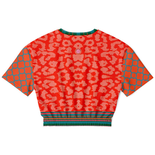 Zen Blossom in Orange and Green Asian Floral Eco-Poly Cropped Pullover