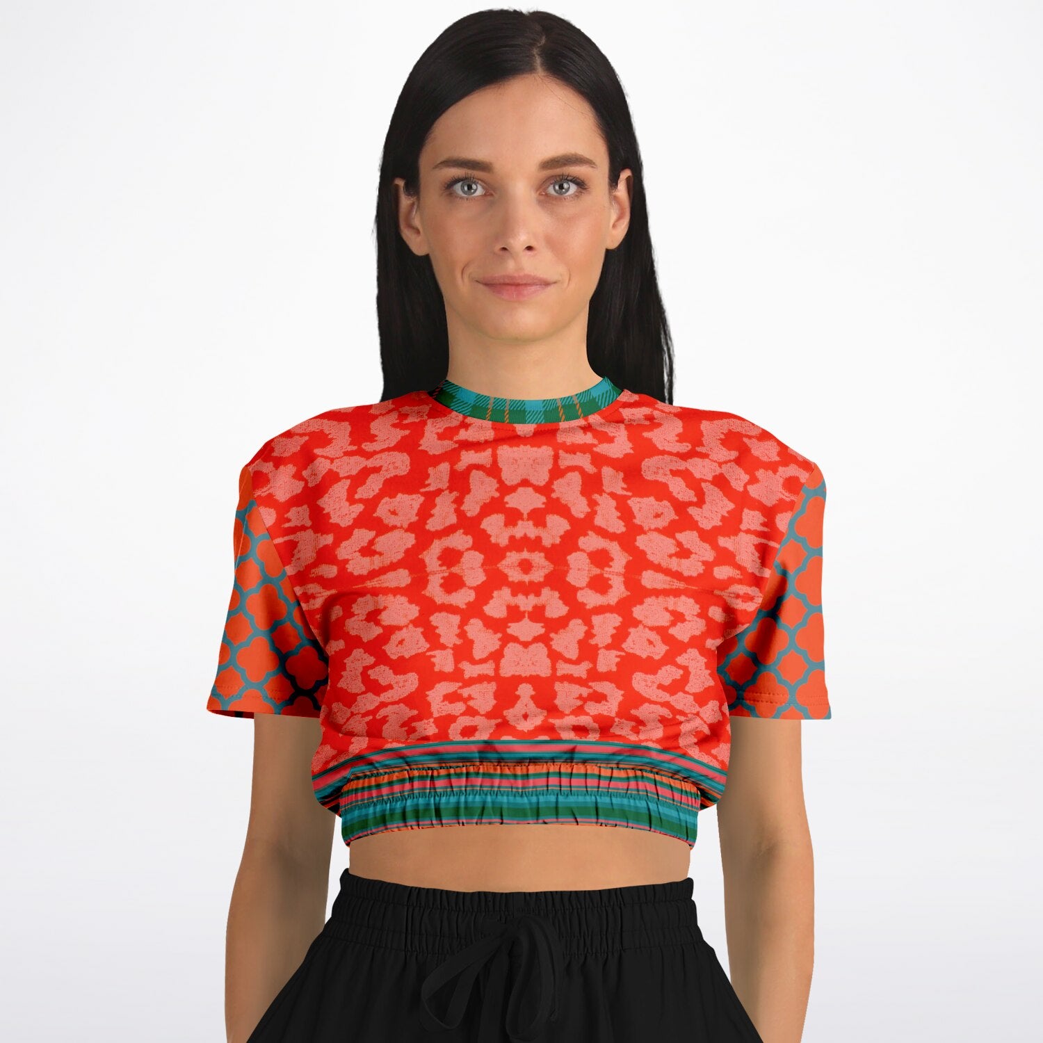Zen Blossom in Orange and Green Asian Floral Eco-Poly Cropped Pullover