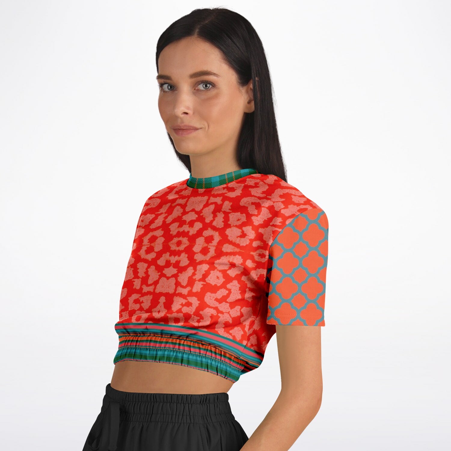 Zen Blossom in Orange and Green Asian Floral Eco-Poly Cropped Pullover
