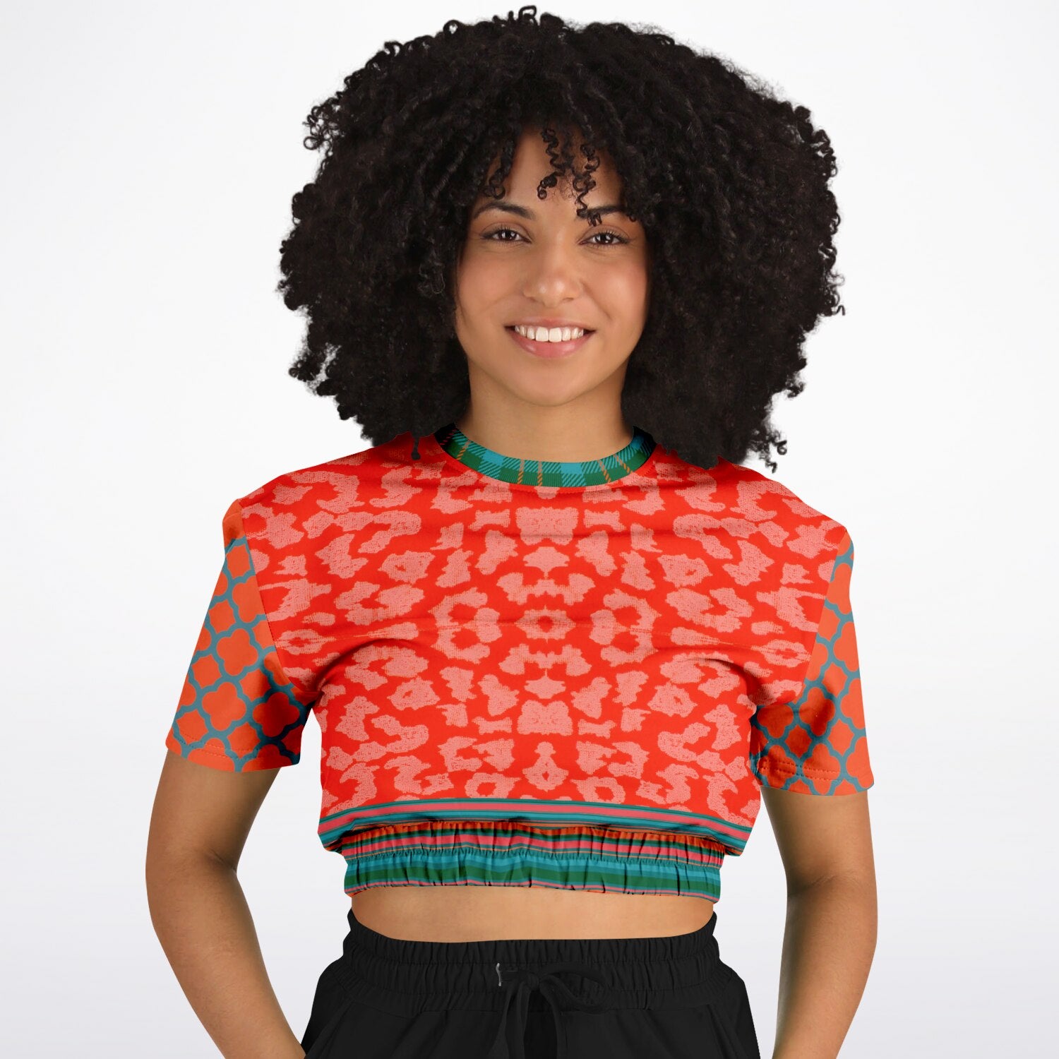 Zen Blossom in Orange and Green Asian Floral Eco-Poly Cropped Pullover