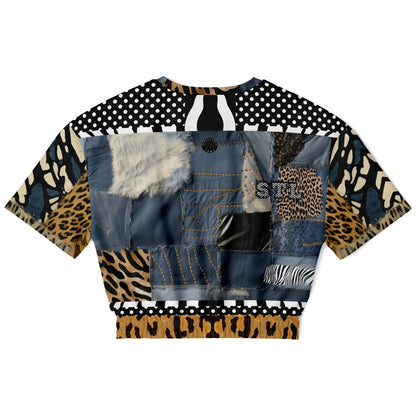 Curly Magoo Wild Denim Patchwork Eco-Poly Short Sleeve Cropped Pullover