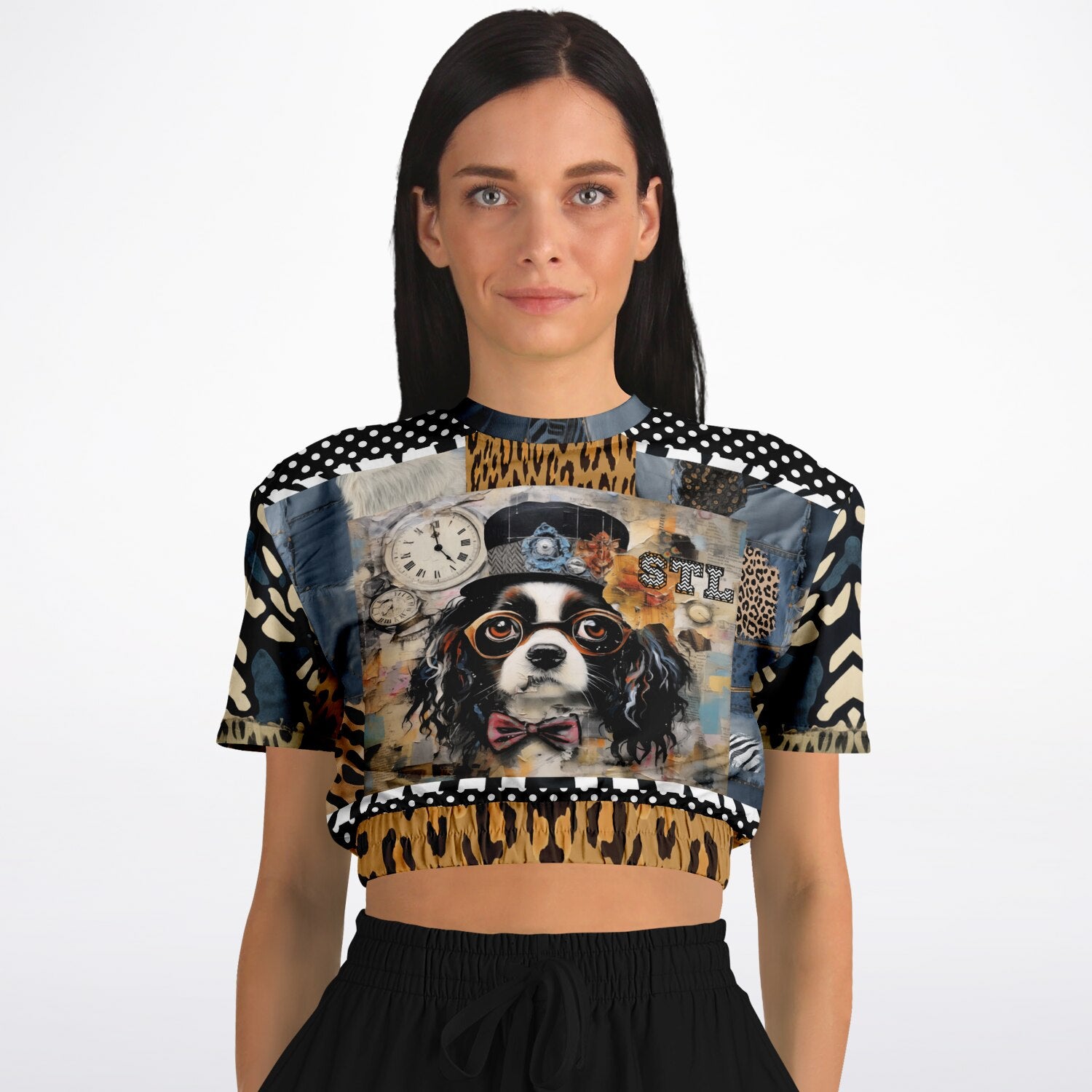 Curly Magoo Wild Denim Patchwork Eco-Poly Short Sleeve Cropped Pullover