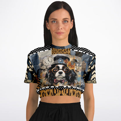 Curly Magoo Wild Denim Patchwork Eco-Poly Short Sleeve Cropped Pullover