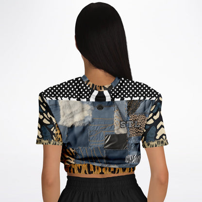 Curly Magoo Wild Denim Patchwork Eco-Poly Short Sleeve Cropped Pullover