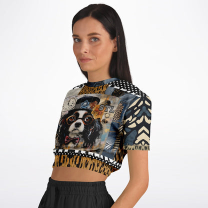 Curly Magoo Wild Denim Patchwork Eco-Poly Short Sleeve Cropped Pullover