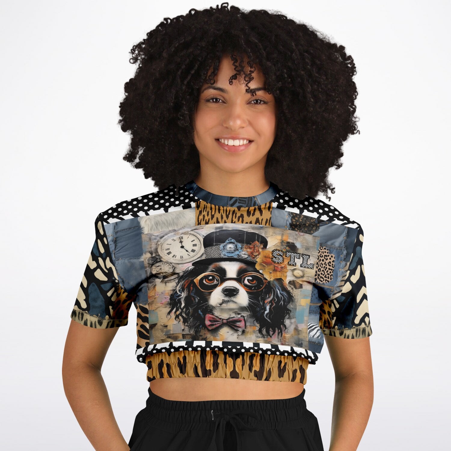 Curly Magoo Wild Denim Patchwork Eco-Poly Short Sleeve Cropped Pullover