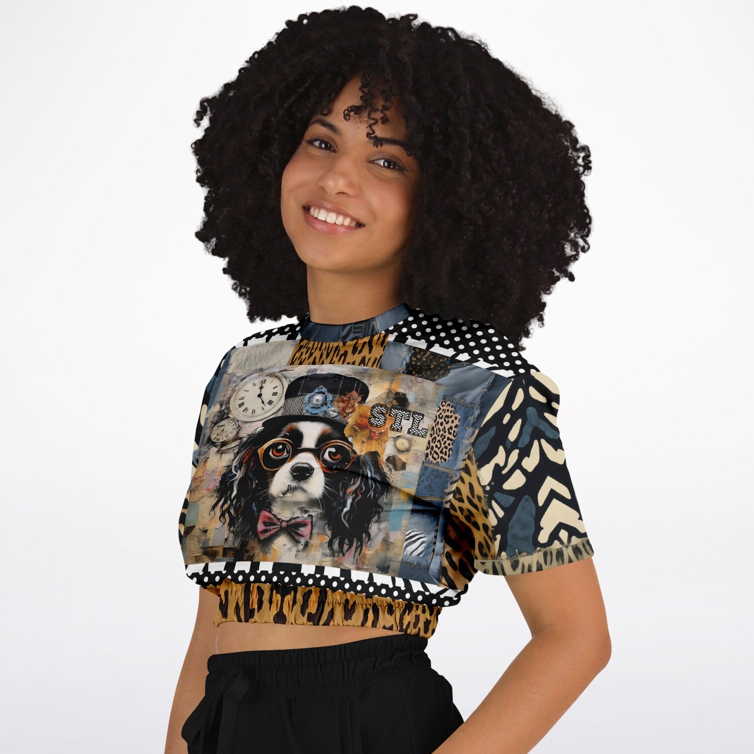 Curly Magoo Wild Denim Patchwork Eco-Poly Short Sleeve Cropped Pullover