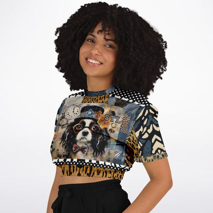 Curly Magoo Wild Denim Patchwork Eco-Poly Short Sleeve Cropped Pullover