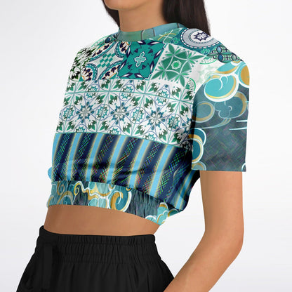 Green Meknes Mosaic Tile Eco-Poly Short Sleeve Cropped Pullover