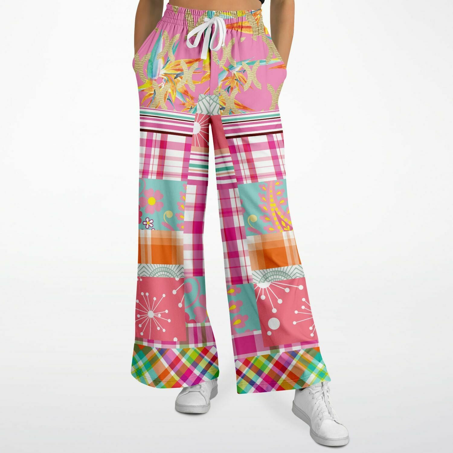 Pink Calypso Floral Patchwork Eco-Poly Wide Leg Pants