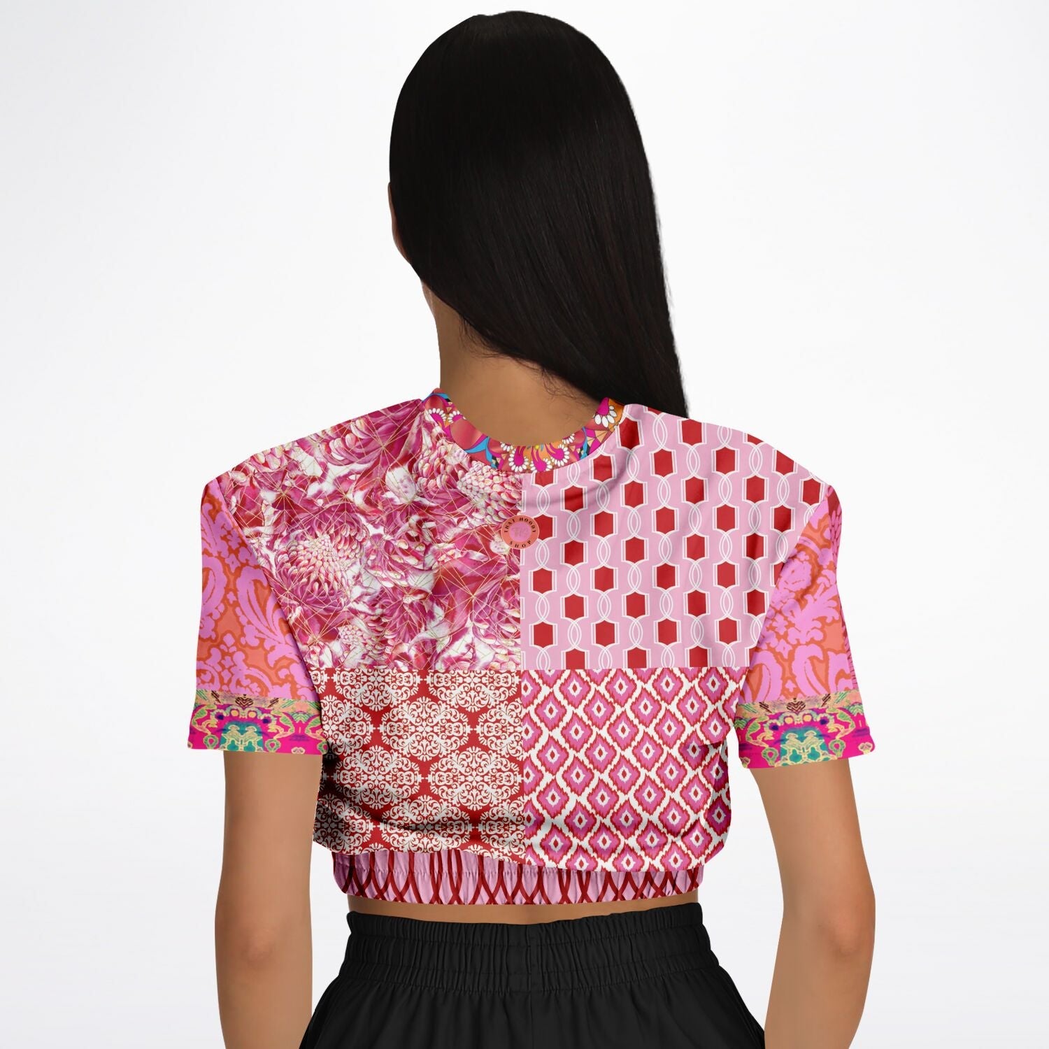 Gypsy Beat Pink Patchwork Eco-Poly Short Sleeve Cropped Pullover