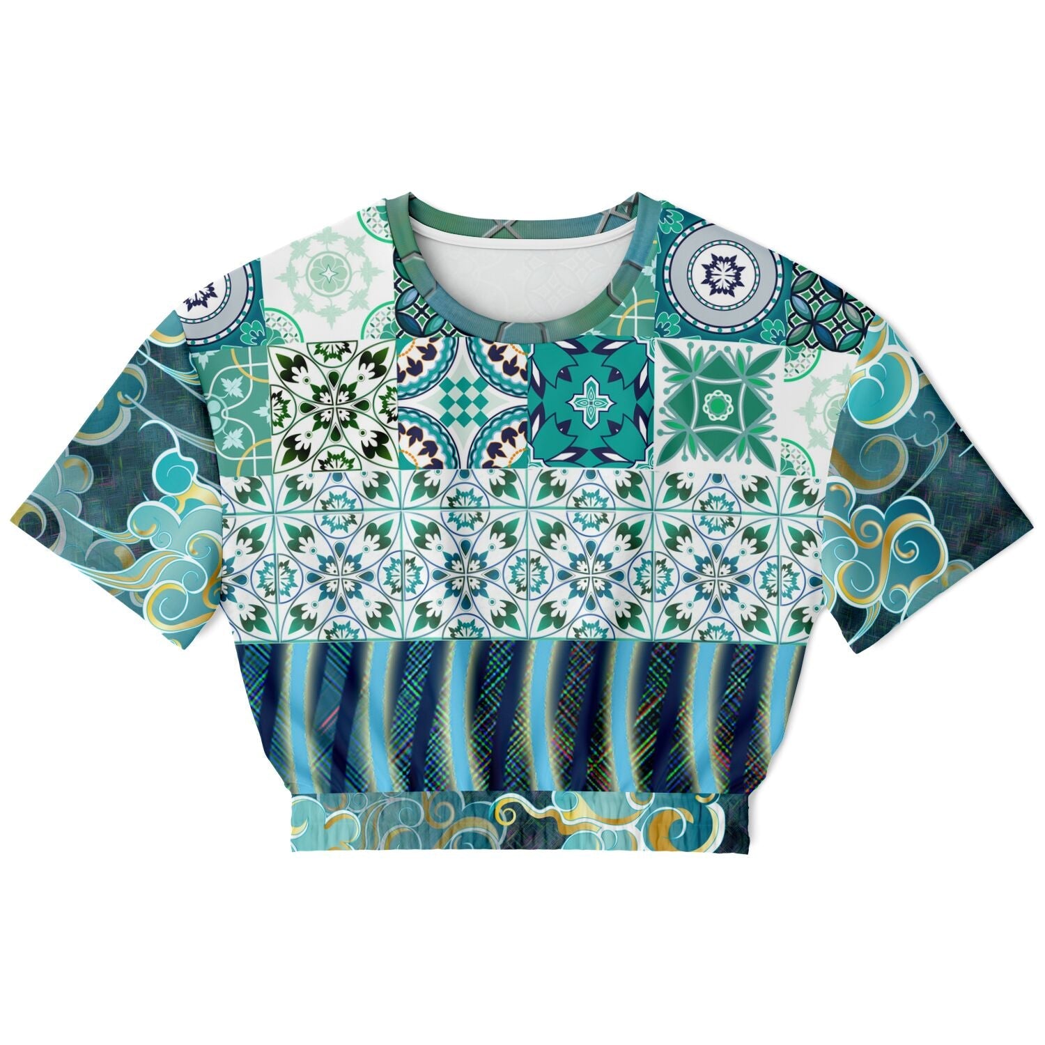 Green Meknes Mosaic Tile Eco-Poly Short Sleeve Cropped Pullover