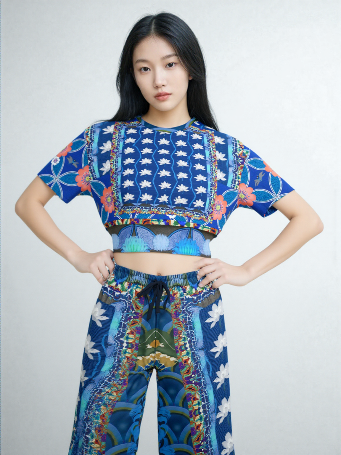 Dahlia Lama Lotus Flower Print Eco-Poly Short Sleeve Cropped Pullover