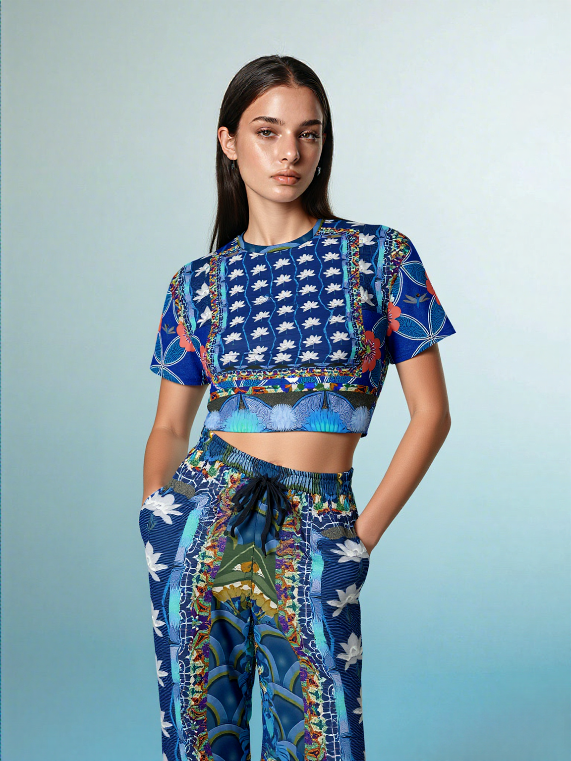 Dahlia Lama Lotus Flower Print Eco-Poly Short Sleeve Cropped Pullover