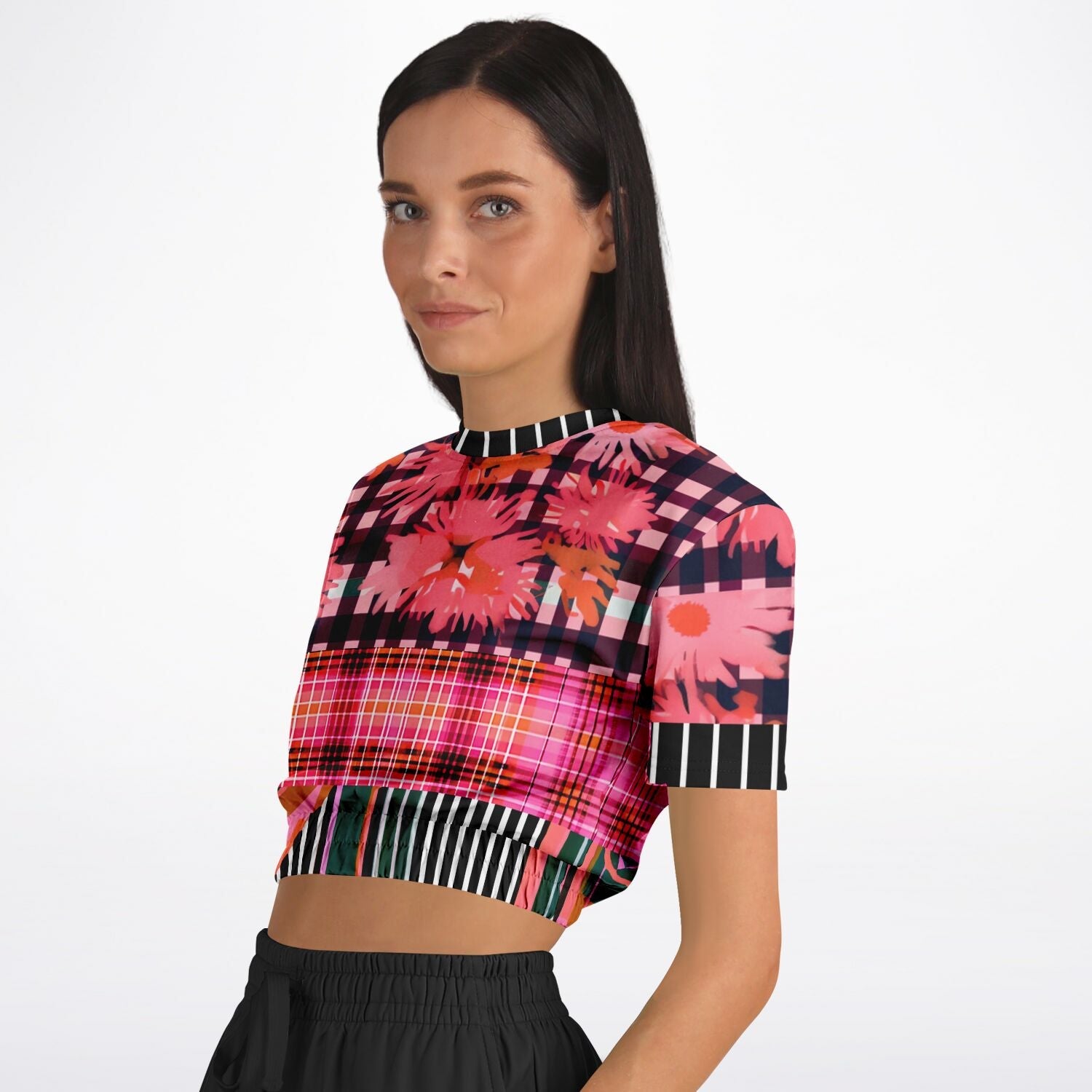 Pink Chrysanthemum Plaid Floral Eco-Poly Short Sleeve Cropped Pullover