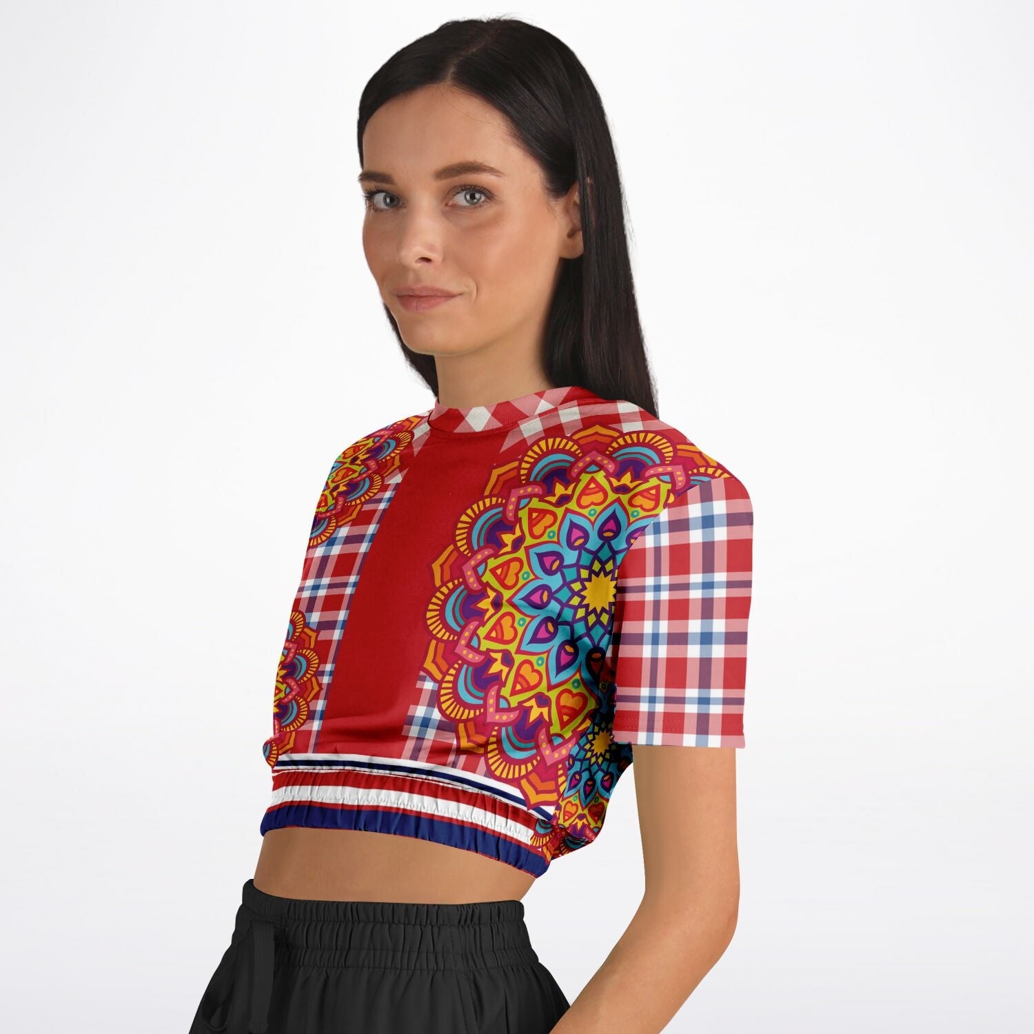 Hippy-Dippy Plaid Eco-Poly Cropped Short Sleeve Pullover