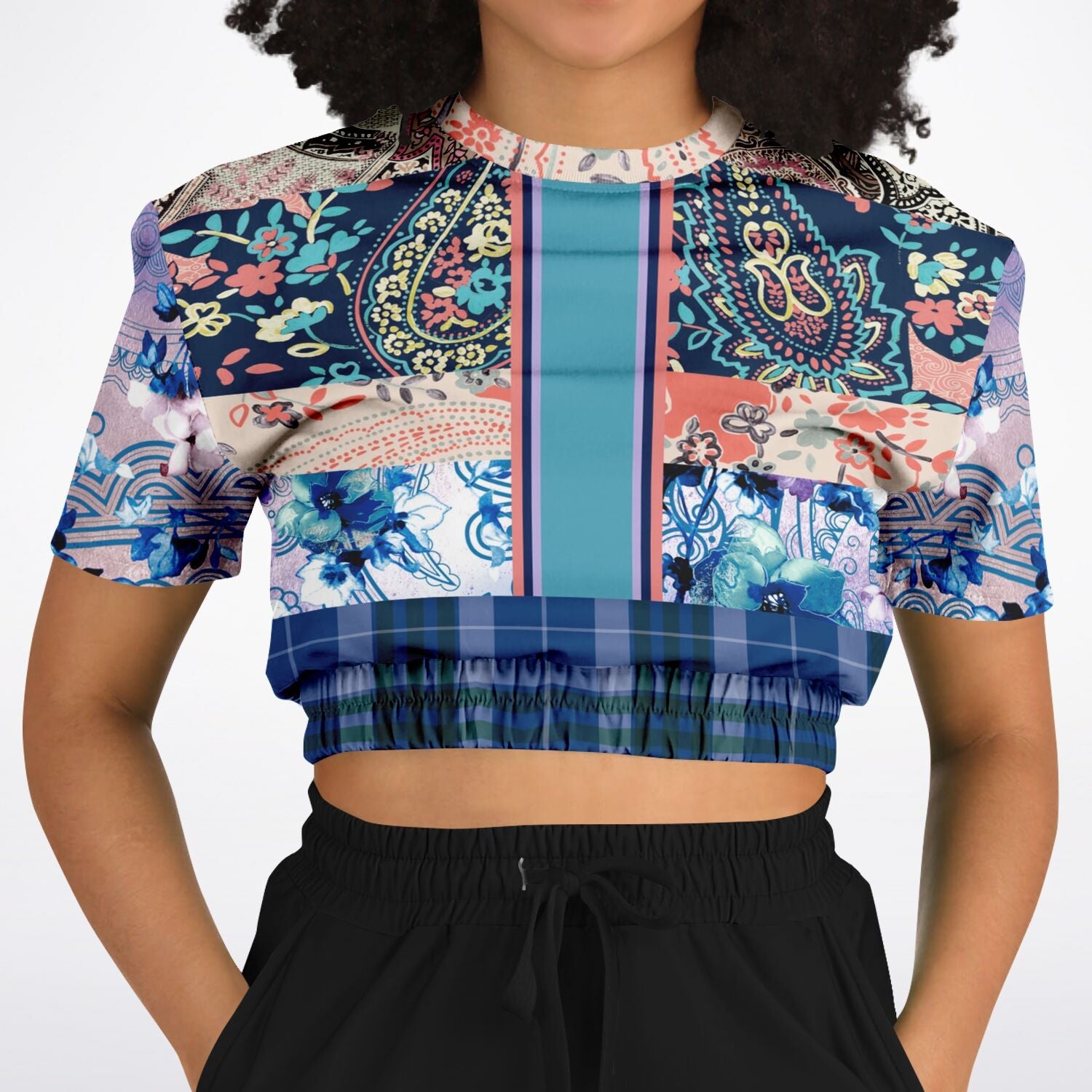 Dolores Park Paisley Plaid Eco-Poly Short Sleeve Cropped Pullover