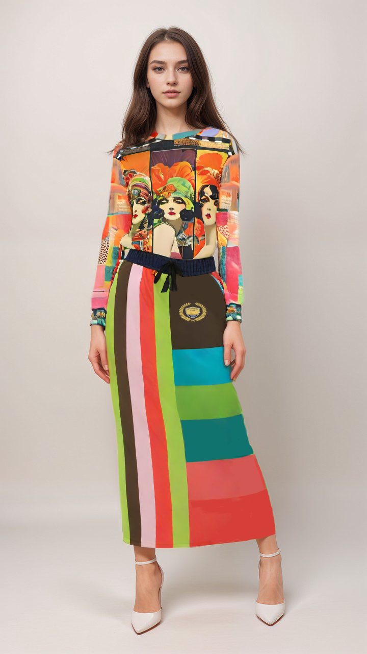 Watermelon Crush Rugby Stripe Eco-Poly Long Pocket Skirt