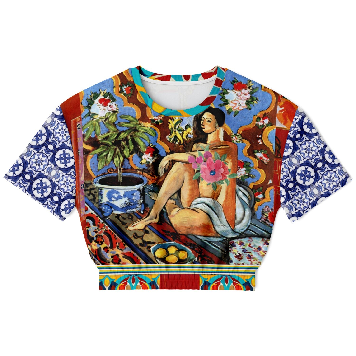 Decorative Figure in Ornamental Eco-Poly Short Sleeve Cropped Pullover