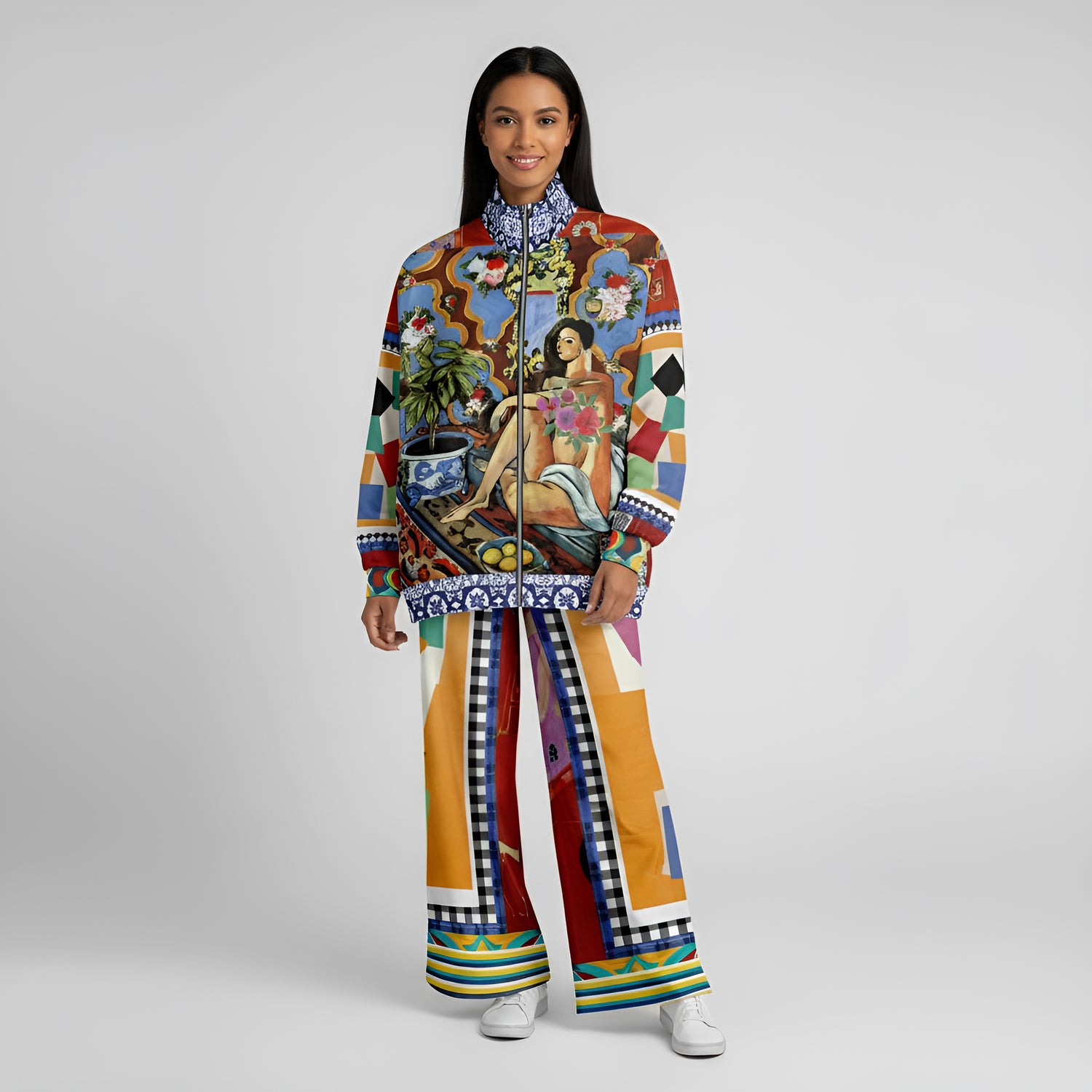 Decorative Figure in Ornamental Patchwork Eco-Poly Wide Leg Pants