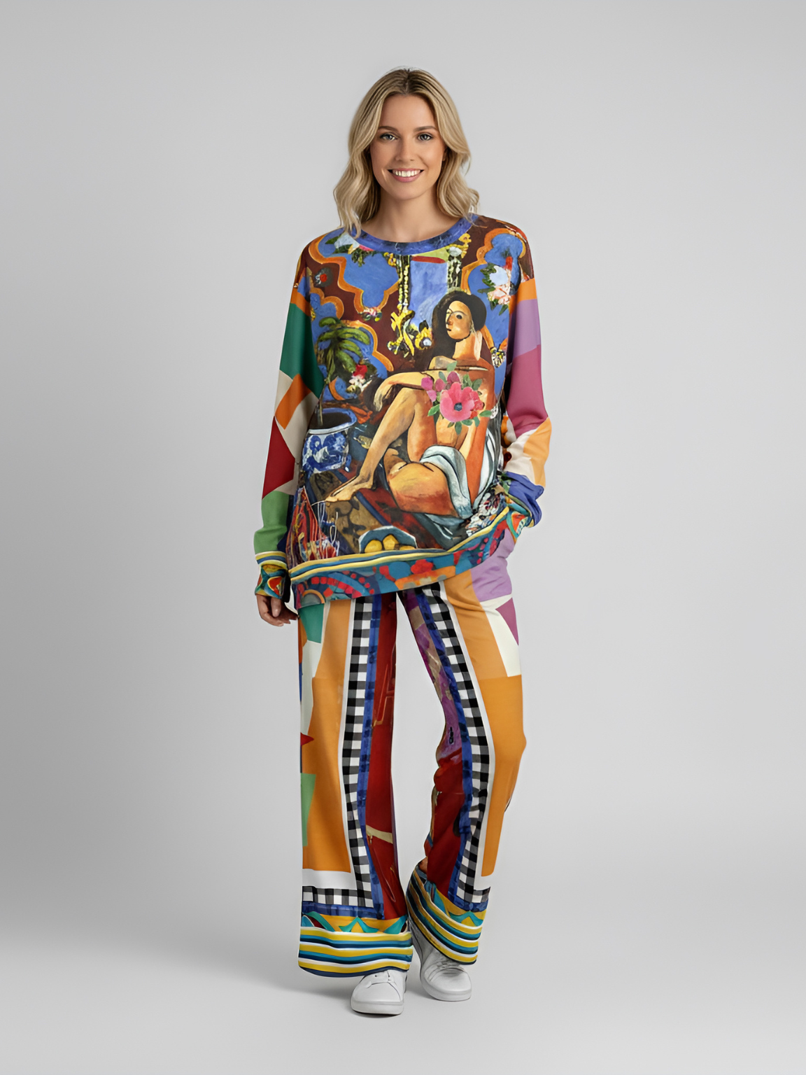 Decorative Figure in Ornamental Patchwork Eco-Poly Wide Leg Pants