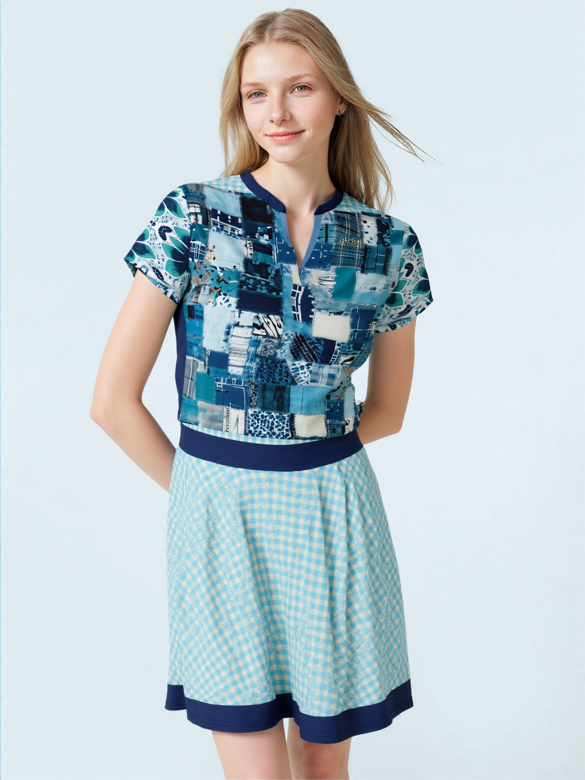 Blue Gingham Train to Georgia Skater-Style Golf Skirt