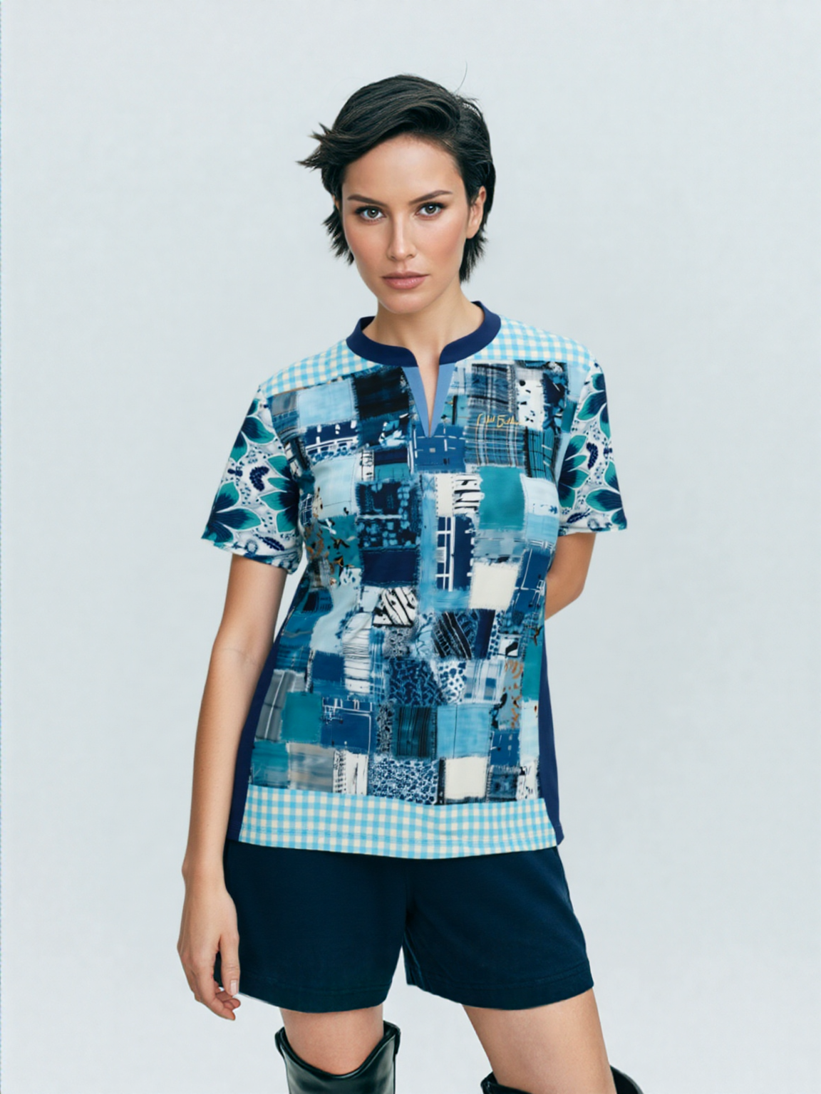 Turquoise Gingham Plaid Train to Georgia Mandarin Collar Ladies Golf Polo Jersey