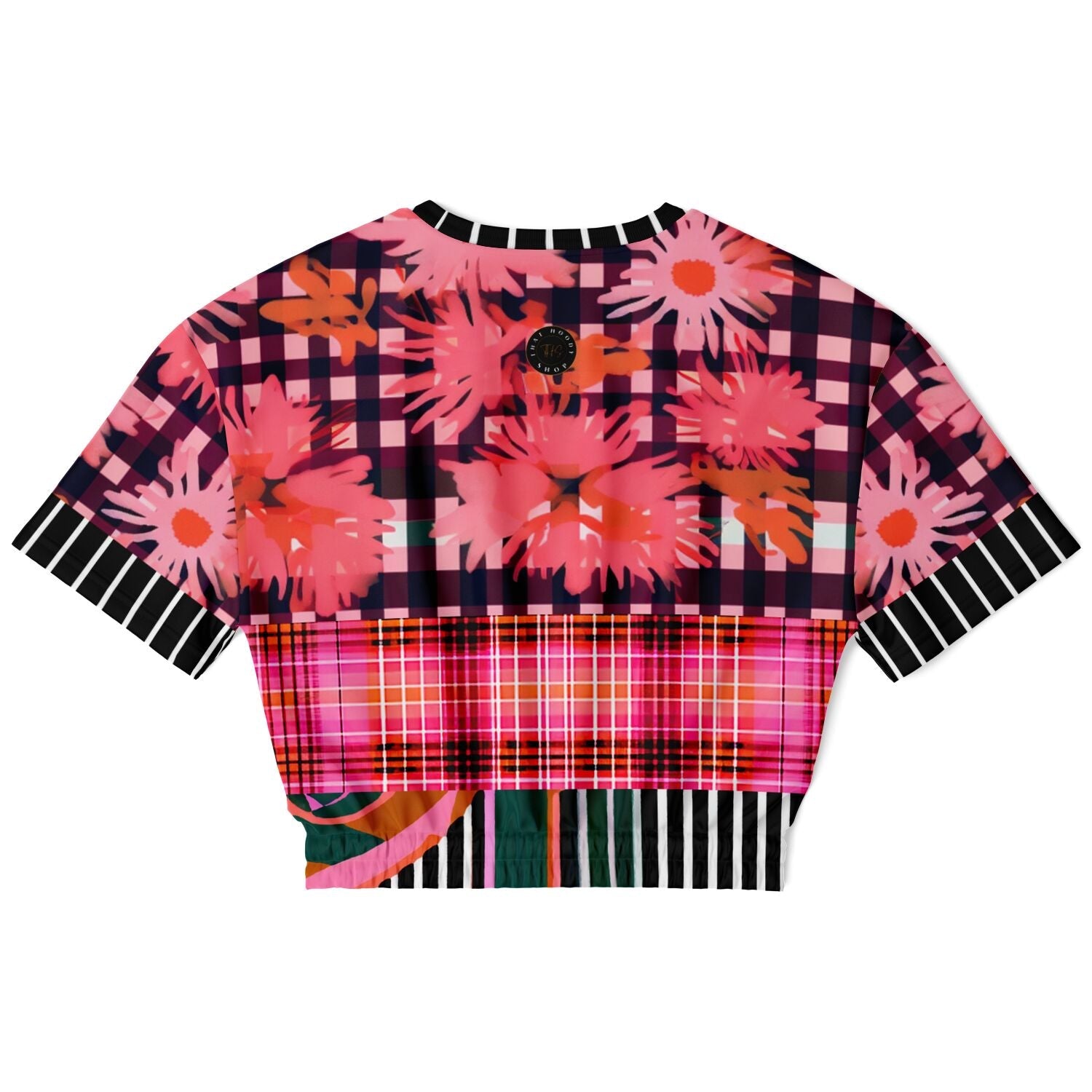 Pink Chrysanthemum Plaid Floral Eco-Poly Short Sleeve Cropped Pullover